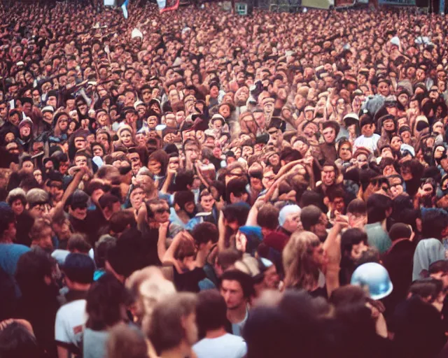 Prompt: crowd in vienna rage against mecha zack de la rocha with a broken leg, shot on kodak portra 4 0 0 3 5 mm film