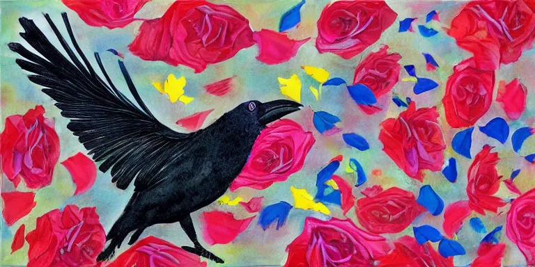 Prompt: crows with flower petals! as feathers, flying among roses, expressionist, vibrant, muted, dark highlights, album cover, album artwork