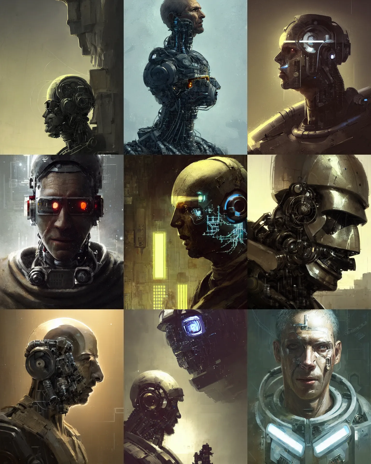 Image similar to a half masked rugged laboratory engineer man with cybernetic enhancements as seen from a distance, scifi character portrait by greg rutkowski, craig mullins, 1 / 4 headshot, cinematic lighting, dystopian scifi outfit, profile picture, mechanical, cyborg, half robot