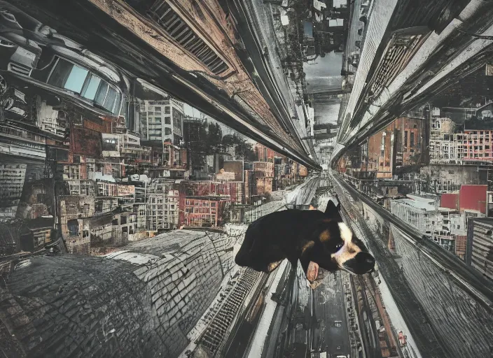 Image similar to a dog in an upside down city, photography, high definition, rule of thirds