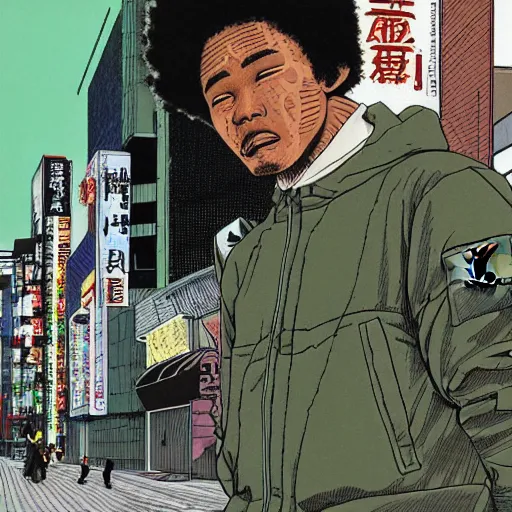 Image similar to illustration by katsuhiro otomo, black man with afro hair, stubble, wearing an adidas army green jacket, in the streets of tokyo, akira style, by katsuhiro otomo