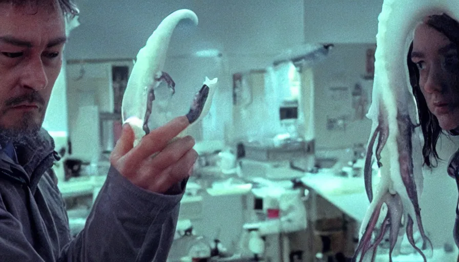 Image similar to Big budget horror movie, a scientist with a squid examines that squid under the microscope