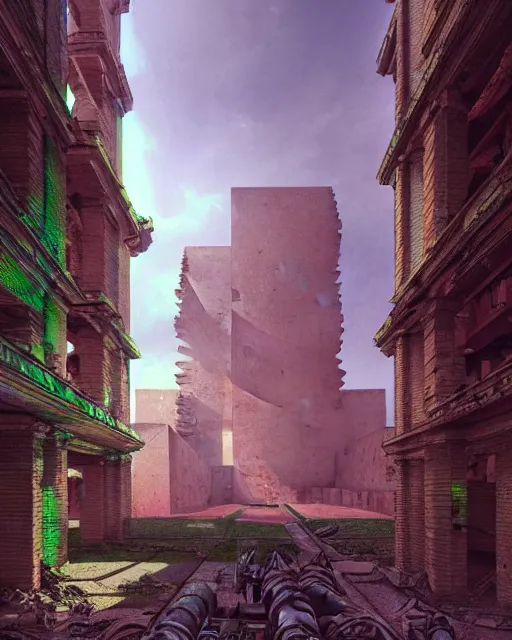 Image similar to hyperrealistic 3d render highly detailed baroque mecha iridescent pink brutalist city ruins background concept art unreal engine!! santiago caruso de chirico sharp very dramatic green light 8k low angle shallow depth of field