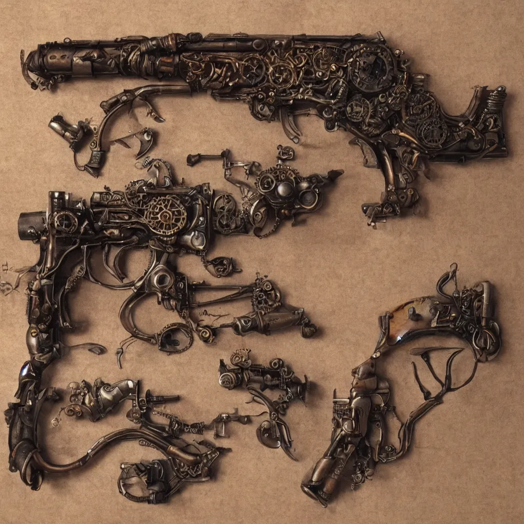 Image similar to a gun very cool, steampunk style,, highly detailed, photorealistic