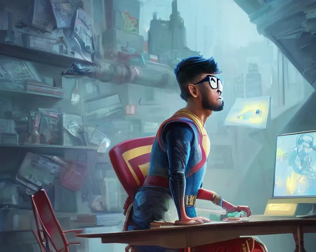 Image similar to an insanely detailed painting of a nerdy asian man wearing a superhero costume, sitting at a desk, staring at the nervously at the computer and typing, in the style of peter mohrbacher, dramatic lighting and composition, octane render, pixar, trending on artstation, concept art, comic book, view from behind