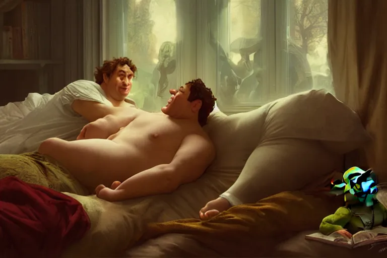 Image similar to russian poet alexander pushkin and shrek lying in bed together, portrait, highly detailed, digital painting, artstation, concept art, smooth, sharp focus, illustration, cinematic lighting, art by artgerm and greg rutkowski and alphonse mucha