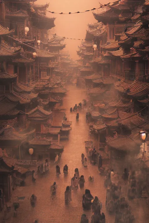 Image similar to on the night of the chinese new year's day, many chinese ghosts wander in the ancient chinese streets. the guiding line composition method, the tindal effect, the soft light, the cool color, by wu jinyuan, trending on artstation