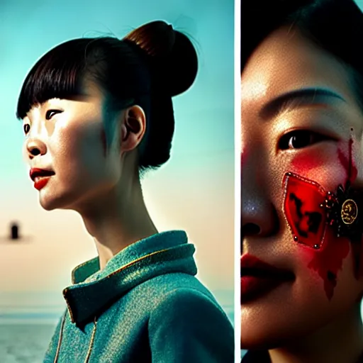 Image similar to portrait of a chinese woman :: side profile :: blood :: background sea :: intricate details in gold :: clockwork oxygen implant :: 8k :: simon stalenhag and Sandra Chevrier