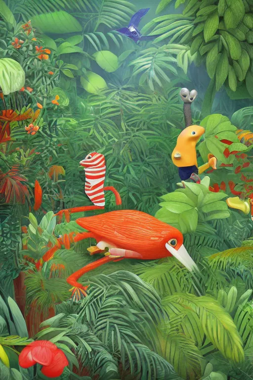 Image similar to rare bird in the jungle, highly detailed, unreal engine render concept art, style of henri rousseau and richard scarry and hiroshi yoshida