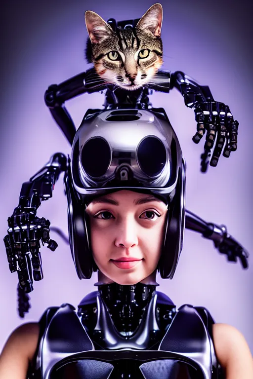 Prompt: cybernetic high tech catgirl with a cat on her head, sci - fi, cyberpunk, futurism, exoskeleton, strong artificial intelligence, symmetry, cinematic, elegant, luxury, professional studio light, perfect composition, dlsr photography, sharp focus, 8 k, ultra hd, sense of awe, highly detailed, hyper realistic, intricate, science journal cover