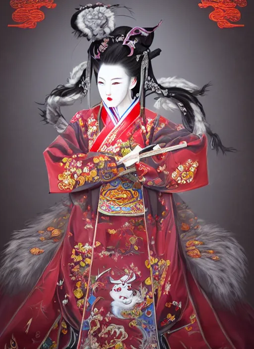 Image similar to full body portrait of a female kitsune peking opera actress by wlop, wuxia, xianxia, kitsune, fox spirit, actress, peking opera, lithe, absurdly beautiful, detailed, realistic, anatomically accurate, fantasy illustration, artstation, wlop, 4 k.