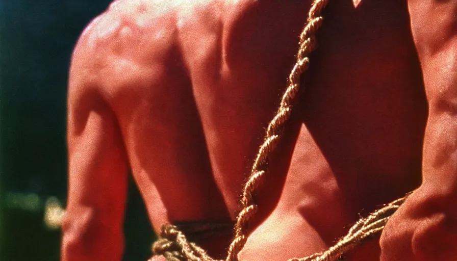 Prompt: 1 9 6 0 s movie still close - up of marcus atilius regulus tied with ropes at pole in direction of the burning sun with blood flowing down his eyes cinestill 8 0 0 t 3 5 mm eastmancolor, high quality, heavy grain, high detail, texture, dramatic light, anamorphic, hyperrealistic, detailed hair