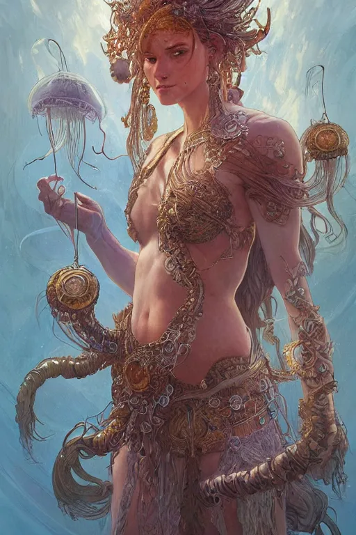 Image similar to a portrait of an anthropomorphic jellyfish warrior goddess, D&D, fantasy, intricate, highly detailed, digital painting, artstation, concept art, smooth, sharp focus, illustration, art by artgerm and greg rutkowski and alphonse mucha