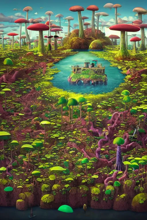 Image similar to surreal mushroom kingdom, floating island in the sky, waterpipes in the ground, summer morning, very coherent and colorful high contrast, art by!!!! gediminas pranckevicius!!!!, geof darrow, dark shadows, hard lighting