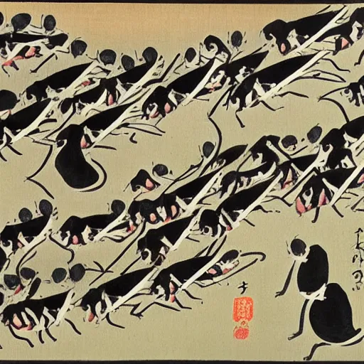 Prompt: an army of rats, japanese painting