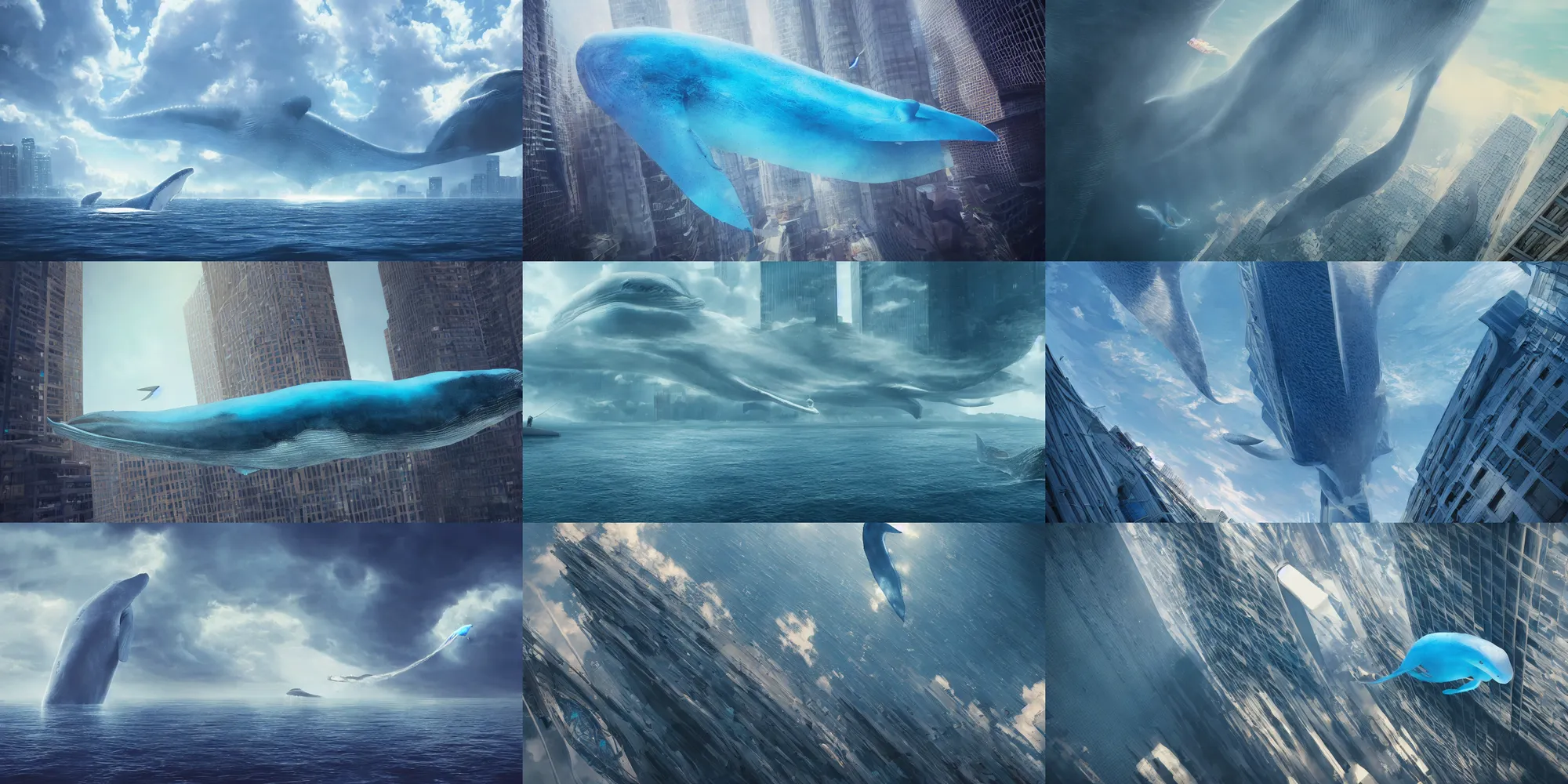 Prompt: a huge blue whale is floating in mid air near a skyscraper, epic, cinematic shot, soft light, soft colore, artstation, atmosphere, high definition