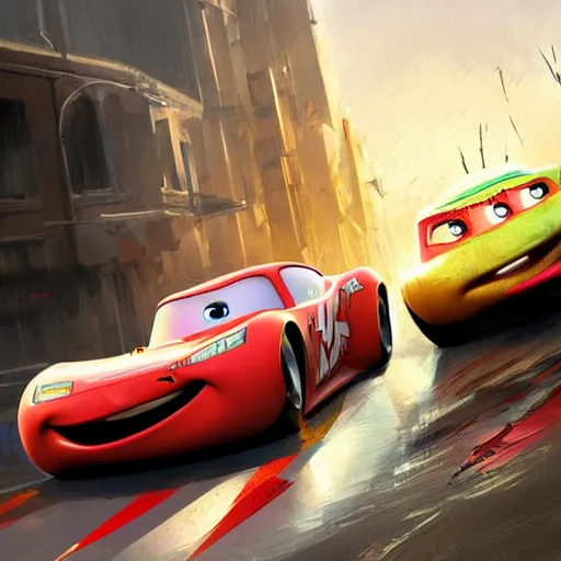 Image similar to lightning mcqueen crashing by greg rutkowski