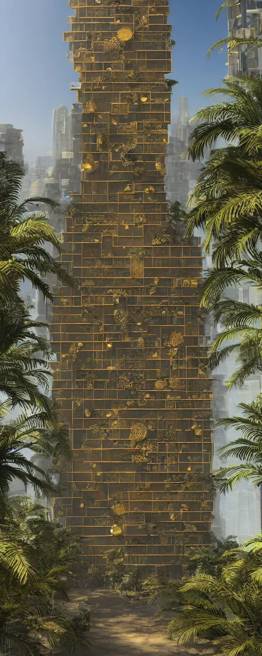 Prompt: solarpunk, eye level view of a contemporary babylon tower, golden intricate details, stone facade, sacred architecture, hanging gardens, cascading highrise, arid mountains with lush palm forest, photorealistic, sunlight, post - production, octane, cgi, sfx