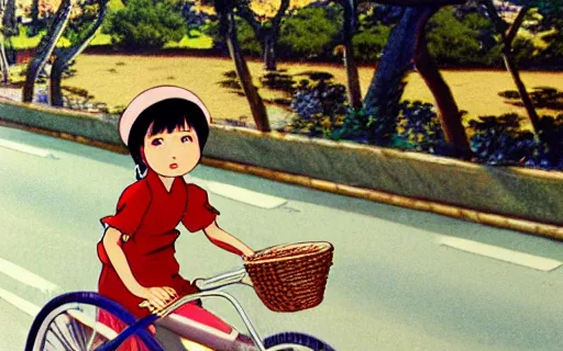 Prompt: a young girl riding a bike with a basket in a small town, 1970s philippines, art by hayao miyazaki, studio ghibli film, hi res, 4k, detailed face