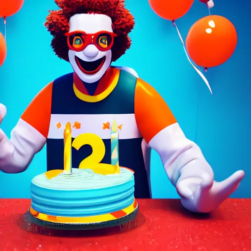 Prompt: Ronald Mcdonald with a birthday cake wearing a miami dolphins jersey, concept art, cgsociety, octane render, trending on artstation, unreal engine 8k,