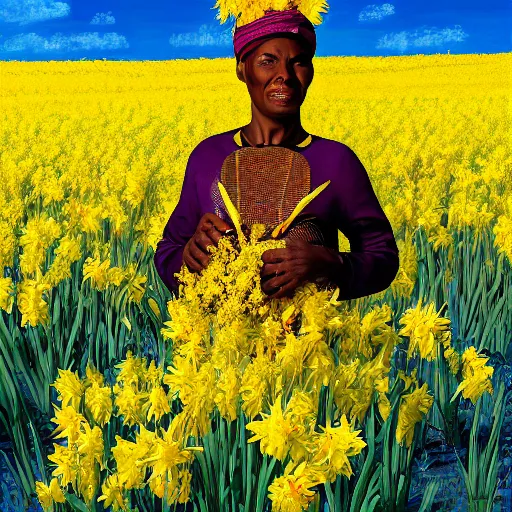 Image similar to a digital painting high resolution hypereealistic of a nubian woman wearing an astronaut standing in an open field of yellow daffodils