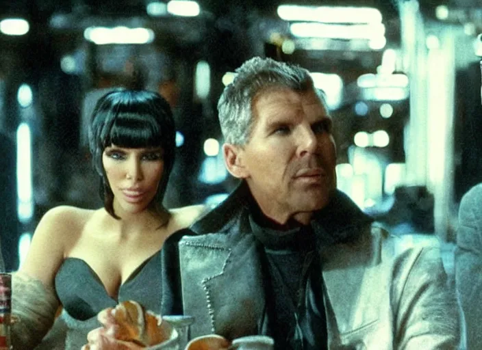 Prompt: a movie still of kim kardashian sitting with rick deckard in blade runner