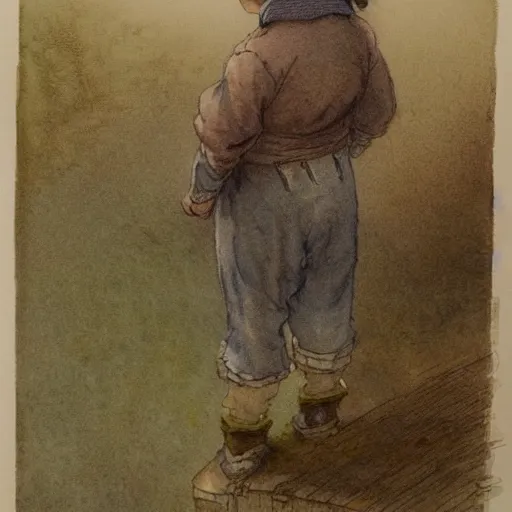 Image similar to portrait of a child standing and facing front looking strait ahead a muted color watercolor sketch of story book character ifrom the book Baltimore & Redingote by Jean-Baptiste Monge of an old man in the style of by Jean-Baptiste Monge that looks like its by Jean-Baptiste Monge and refencing Jean-Baptiste Monge