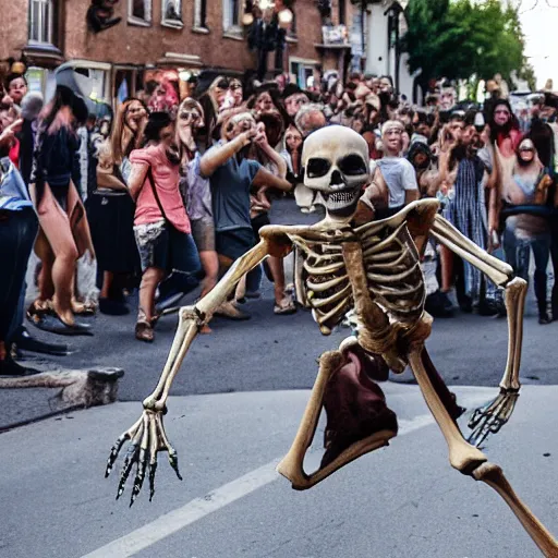 Image similar to A skeleton chasing a crowd of screaming people through the street