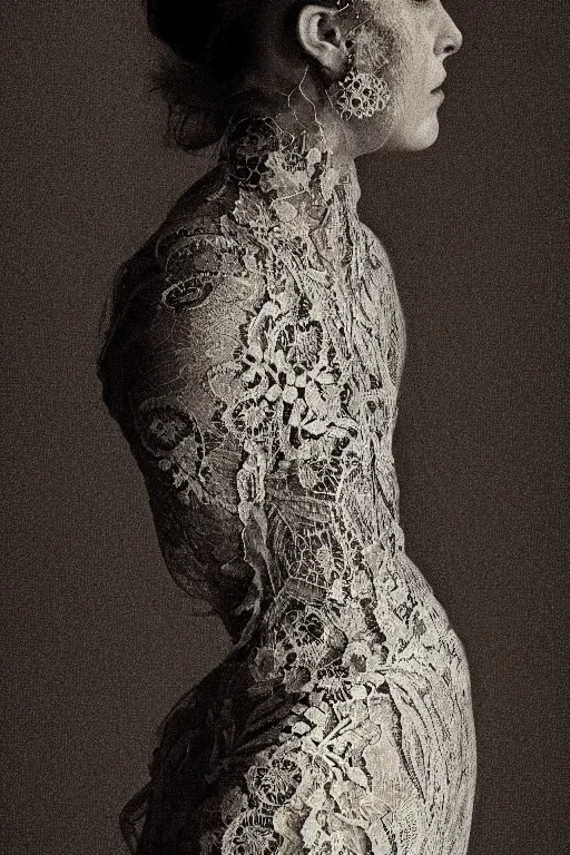 Image similar to a woman's face in profile, made of intricate decorative lace skeleton, in the style of the dutch masters and gregory crewdson, dark and moody