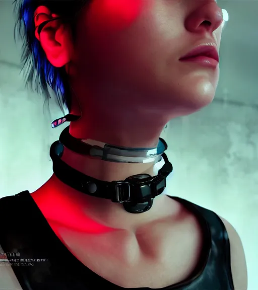 Image similar to detailed realistic female character cyberpunk wearing thick technological collar around neck, realistic, art, beautiful, 4K, collar, choker, collar around neck, punk, artstation, detailed, female, woman, choker, cyberpunk, neon, punk, collar, choker, collar around neck, thick collar, tight around neck, punk,