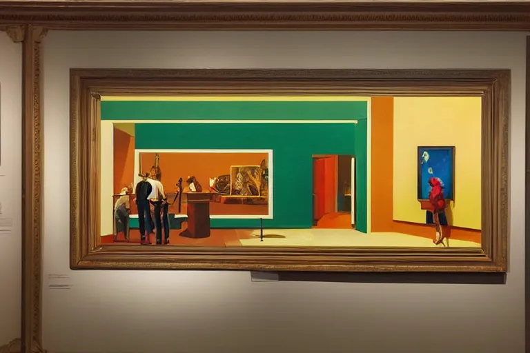 Image similar to a 7 0 s art gallery exhibition, colors americana, cinematic, volumetric lighting, ultra wide angle view, realistic, detailed painting in the style of edward hopper