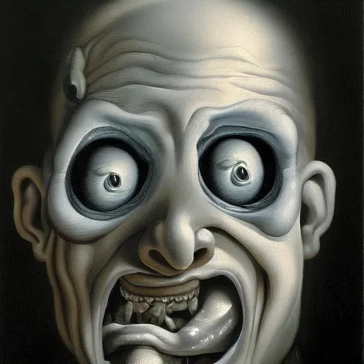 Image similar to oil painting with black background by christian rex van dali todd schorr of a chiaroscuro portrait of an extremely bizarre disturbing mutated man with acne intense chiaroscuro obscuring features lighting perfect composition masterpiece