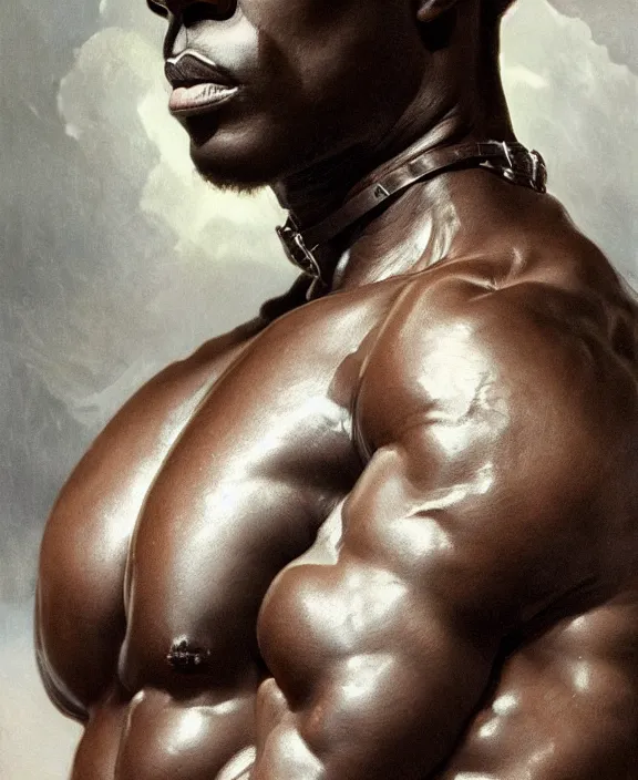 Image similar to a dark skinned muscular man wearing an intricate and detailed suspenders, glistening skin, honey birdette, realistic renaissance portrait, highly detailed, digital painting, artstation, concept art, smooth, sharp focus, cinematic lighting, art by john collier, artgerm and greg rutkowski and alphonse mucha and jacques louis david