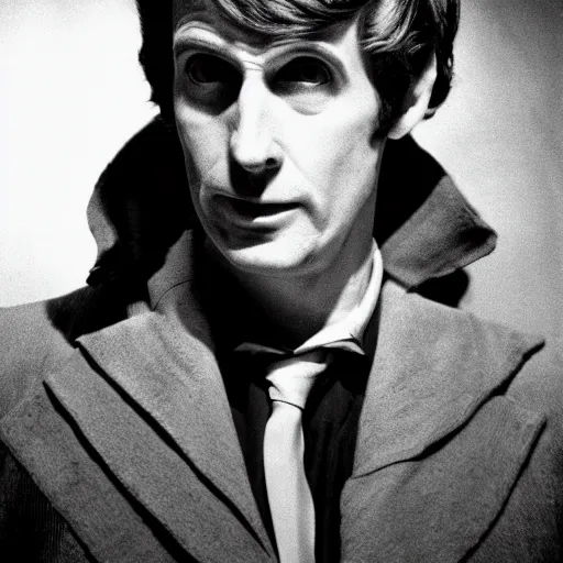 Prompt: a close - up, black & white studio photographic portrait of doctor who, dramatic backlighting, 1 9 7 3 photo from life magazine