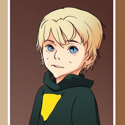 Image similar to blonde boy with yellow eyes wearing a brown cape in the style of studio ghibli, artgerm