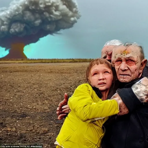 Prompt: selfie of the last surviving ukrainian with children with evil faces, wild pain and damage to the body burns alive to the bone, painted in dirty yellow - blue colors, a huge nuclear explosion is approaching in the background, corpses and skeletons are everywhere, the earth is on fire, smoke and radioactive rain