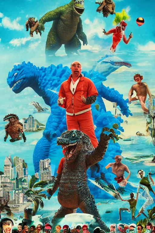 Prompt: 🏝🏴🤡🪓 in the style of a godzilla movie poster