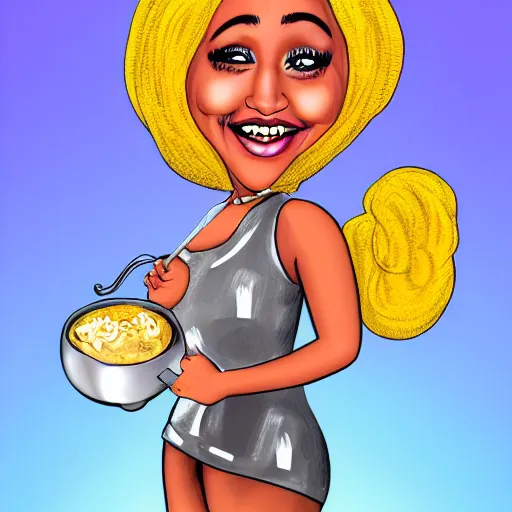 Image similar to Cartoon caricature of Doja Cat with a spoon in her hand