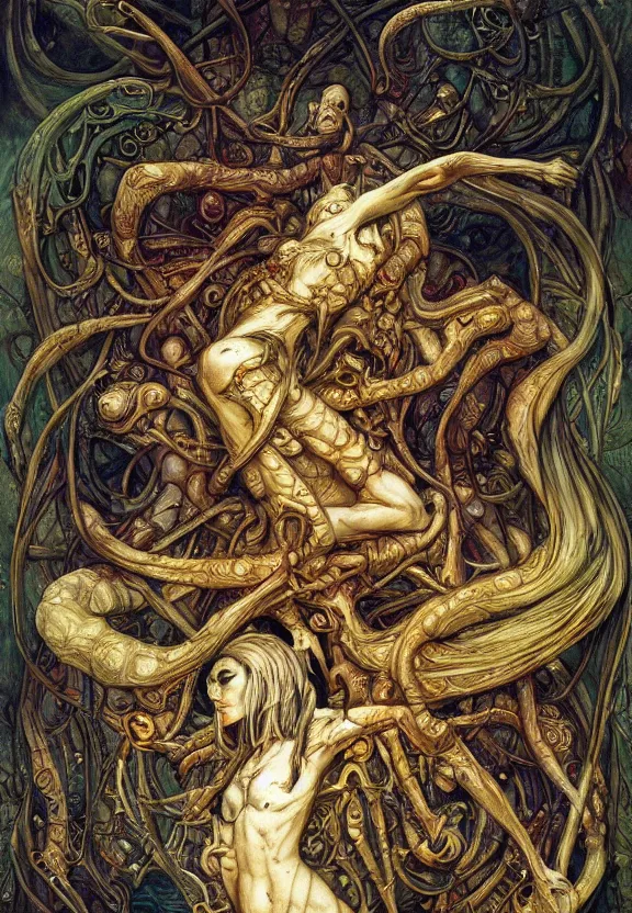 Image similar to simplicity, colorful muscular eldritch animals and bodies radiating spiral, mandala white bones, by h. r. giger and esao andrews and maria sibylla merian eugene delacroix, gustave dore, thomas moran, pop art, chiaroscuro, biopunk, art nouveau