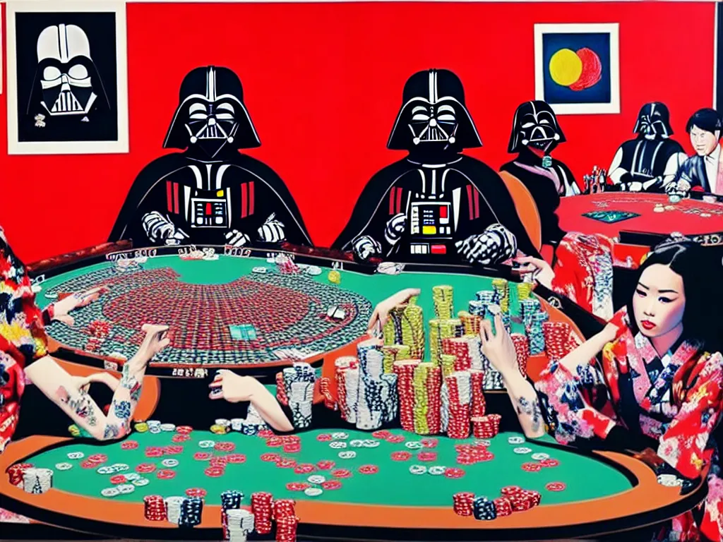 Image similar to hyper - realistic composition of a room with an extremely detailed poker table, croupier in traditional japanese kimono standing nearby, darth vader sitting at the table, fireworks in the background, pop art style, jackie tsai style, andy warhol style, acrylic on canvas