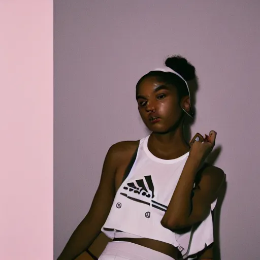 Image similar to realistic photoshooting for a new adidas lookbook, color film photography, portrait of a beautiful woman, in style of Tyler Mitchell, 35mm, film photo