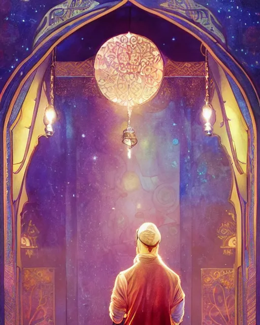 Image similar to chis pratt in front of an big open quran highly detailed, gold filigree, romantic storybook fantasy, soft cinematic lighting, award, disney concept art watercolor illustration by mandy jurgens and alphonse mucha and alena aenami, pastel color palette, featured on artstation