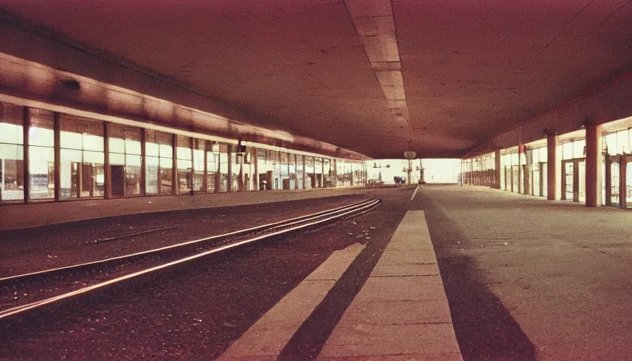 Image similar to 60s movie still of a sovietic stalinist style empty railway station, cinestill 800t 50mm eastmancolor, liminal Space style, heavy grain-s 150