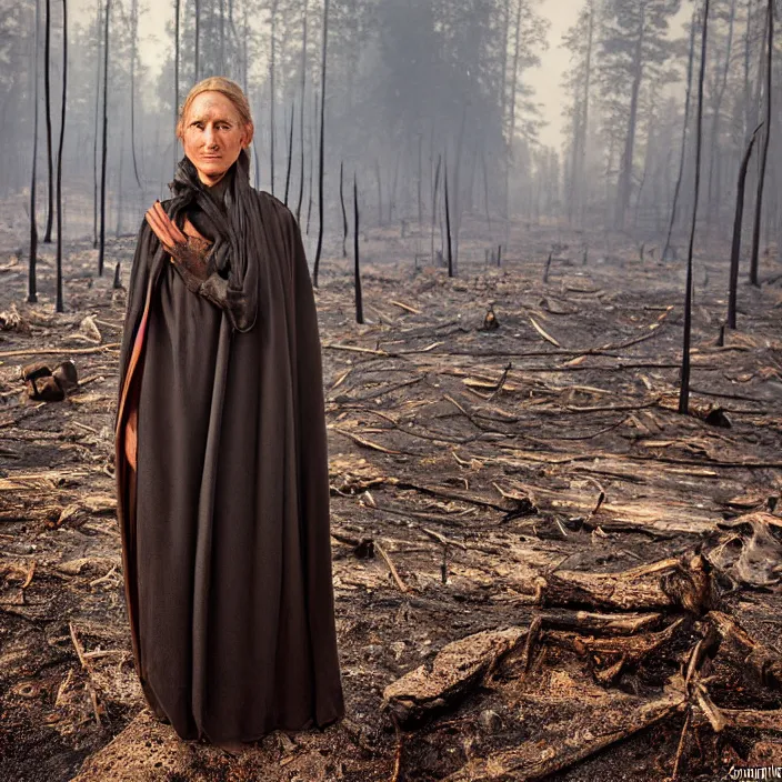 Image similar to portrait of a woman wearing a cloak of scrap metal in a charred, burnt forest, by Annie Leibovitz and Steve McCurry, natural light, detailed face, CANON Eos C300, ƒ1.8, 35mm, 8K, medium-format print