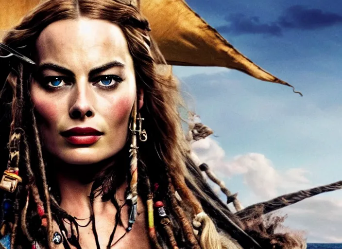 Prompt: film still of Margot Robbie as Captain Jack Sparrow in new Pirates of the Caribbean movie, 4k