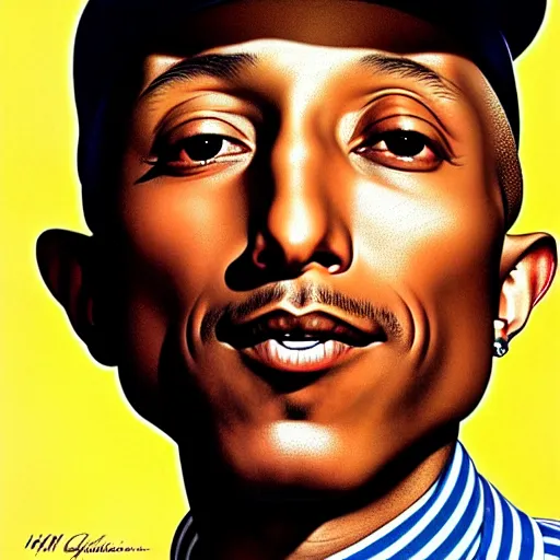 Image similar to pharrell williams by gil elvgren and norman rockwell and rob gonsalves and hajime sorayama, hyperrealistic, high detail, ultra detailed, highly detailed face, ruffled fabric