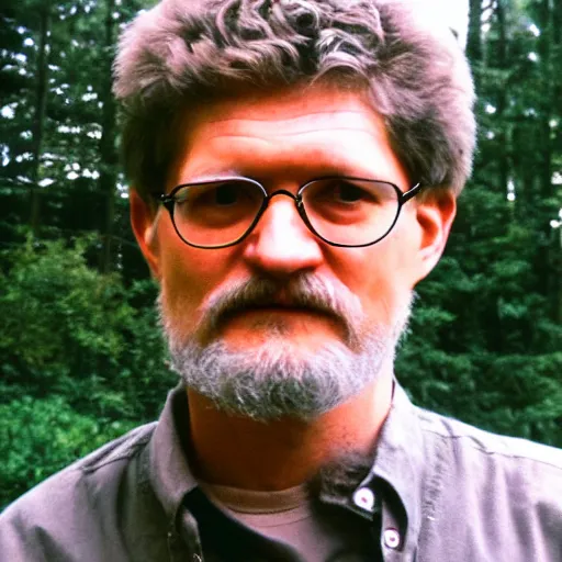 Image similar to photograph of ted kaczynski in a serene outdoors wilderness setting