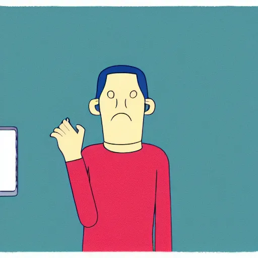 Prompt: a very animated tired person with bloodshot eyes and tongue out staring at the computer with despondence, adventure time animation style