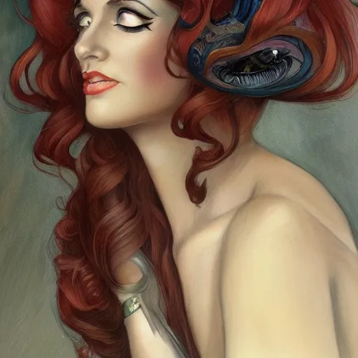 Prompt: an art nouveau, streamline moderne, multi - ethnic and multi - racial portrait in the style of charlie bowater, and in the style of donato giancola, and in the style of charles dulac. very large, clear, expressive, intelligent eyes. symmetrical, centered, ultrasharp focus, dramatic lighting, photorealistic digital painting, intricate ultra detailed background.