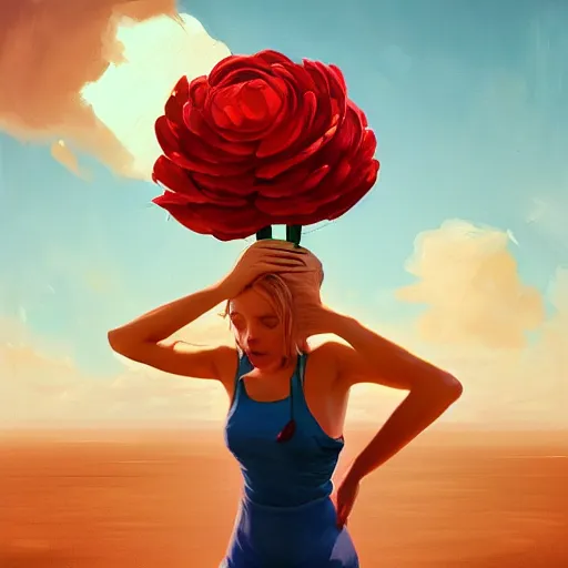 Prompt: portrait, giant rose flower head, girl dancing at the beach, surreal photography, sunrise, blue sky, dramatic light, impressionist painting, digital painting, artstation, simon stalenhag